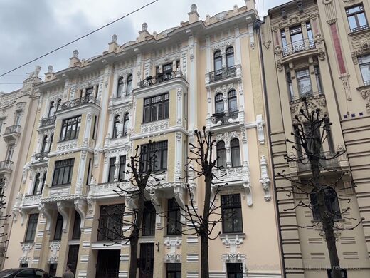 Blue and white facade in Riga's Art Nouveau district