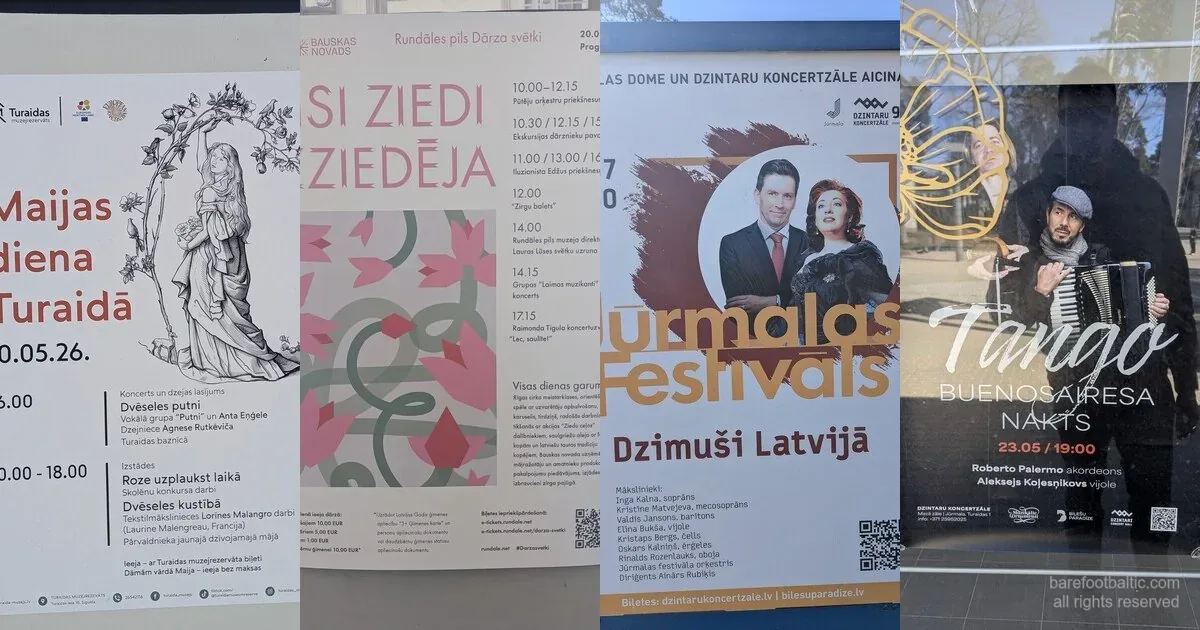 Vier Veranstaltungs­plakate aus Lettland im Frühling 2026 — Maijas Tag in Turaida, Schloss-Garten­fest Rundāle, Tango Buenos Aires Nacht und das Jūrmala-Festival.