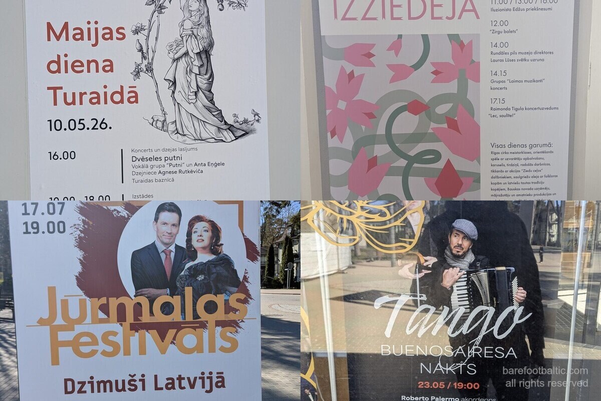 Vier Veranstaltungsplakate aus Lettland im Frühling 2026 — Maijas Tag in Turaida, Schloss-Gartenfest Rundāle, Tango Buenos Aires Nacht und das Jūrmala-Festival.