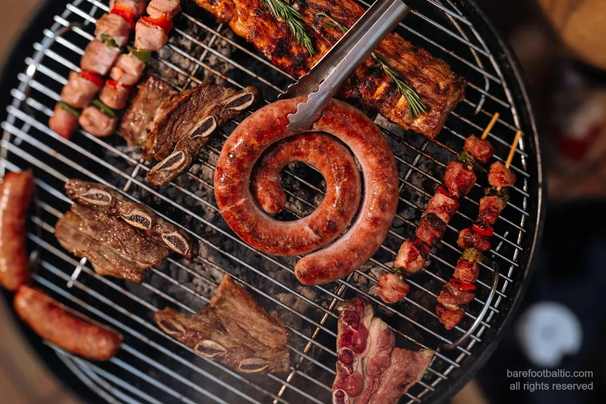 Latvische Grillplatte — Spiralwurst, Schweinerippen, Rinderrippen und Spieße auf Holzkohle: Eckpfeiler der lettischen Küche.